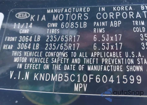 2015 Kia Sedona Lx from USA, damaged, VIN KNDMB5C10F6041599